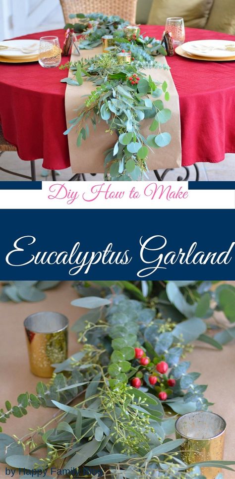 DIY How to Make Eucalyptus Garland, diy eucalyptus table runner, diy seeded eucalyptus garland, how many bunches of eucalyptus to make garland, eucalyptus table runner cost how to make a greenery garland for a wedding, diy eucalyptus garland wedding, diy greenery table runner, how to make garland for wedding, how to make garland for the holidays Wedding Table Runner Ideas, Table Runner Ideas, Diy Greenery, Diy Eucalyptus, Wedding Table Garland, How To Make Garland, Diy Christmas Table, Wedding Table Runner, Table Garland