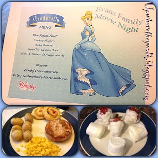 Cinderella Dinner And A Movie, Dinner And A Movie Ideas, Disney Dinner And A Movie, Disney Dinner And Movie Night, Movie Meals, Disney Meals, Themed Dinners Ideas, Disney Movie Night Menu, Movie Recipes