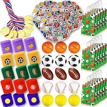 Amazon.com: 210 Pcs Sports Party Favors for Kids, with Golden Winner Awards Medals Wristbands Mini Foam Balls Treat Bags Waterproof Stickers for Basketball Football Baseball Soccer Tennis for Classroom Prizes : Sports & Outdoors Party Favors For Sports Theme Party, Sports Themed Birthday Party Favors, Cheap Personalized Wristband For Sports Events, Personalized Team-colored Bracelets For Sports Events, Sports Party Favor Tags Printable Free, Basketball Classroom, Sports Party Favors, Classroom Prizes, Childrens Ministry Curriculum