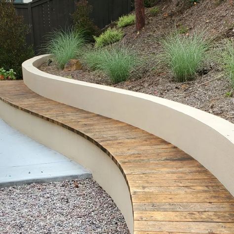 Curved Retaining Wall Garden, Outdoor Curved Bench, Bench Retaining Wall, Garden Wall Bench, Bench In Retaining Wall, Curved Garden Seating, Curved Outdoor Bench, Retaining Wall Bench Seating, Curved Garden Wall