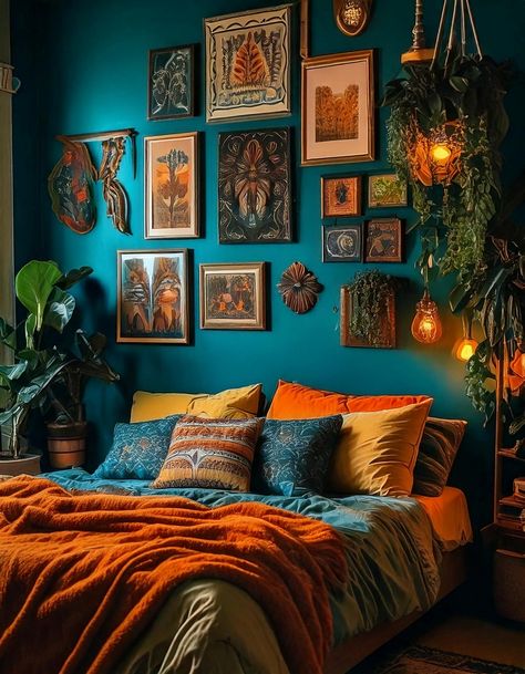 Jungle Maximalist Bedroom, Eclectic Boho Glam Bedroom, Oasis Bedroom Ideas Inspiration, Jewel Tone Boho Decor, Blue Jewel Tone Bedroom, Bright Bohemian Bedroom, Bright Color Boho Bedroom, Moody Colorful Bedroom, Colourful Maximalist Bedroom