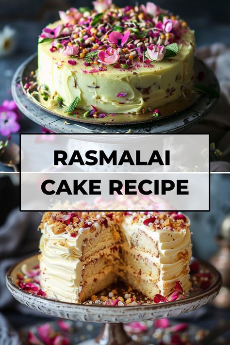 Indulge in the decadent flavors of rasmalai with this easy rasmalai cake recipe. Transforming the classic Indian dessert into a delightful cake, this recipe is a must-try for any dessert lover. Moist vanilla sponge layers infused with saffron, cardamom, and almond flavors, sandwiched between layers of creamy ricotta cheese mixture. Topped with pistachios and rose petals for a touch of elegance. Saffron Cardamom Cake, Floral Cake Recipe, Ikea Almond Cake Recipe, Indian Cake Flavors, Rose And Cardamom Cake, Indian Cake Recipe, Cardamom Cake Recipe, Cardamom Desserts, Cake Flavours Ideas