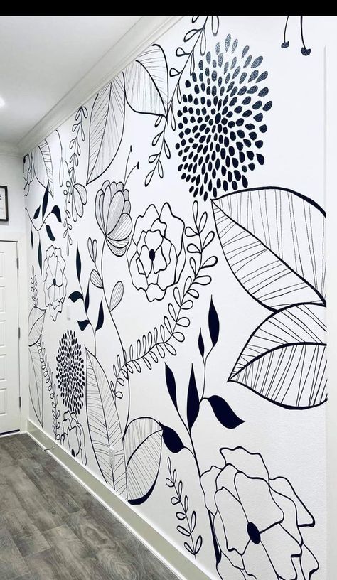 Paint Pen Wall Art, Black And White Flower Mural, Hand Painted Accent Wall Diy Bedroom, Zentangle Wall Art, Mural Wall Art Black, Floral Wall Mural Painting Diy, Diy Wall Mural Ideas Easy, Bedroom Wall Mural Diy, Bathroom Mural Ideas