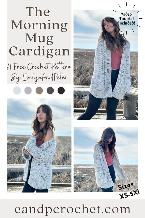 The Morning Mug Cardigan - Evelyn And Peter Crochet Crochet Cardigan Pattern Free, First Thing In The Morning, Boucle Yarn, Cardigan Crochet, Sweater Knitting, Crochet Clothes Patterns, Crochet Cardigan Pattern, Cozy Cardigan, Sweater Crochet Pattern