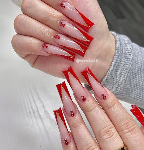 Red Nail Set Simple, Red Cute Acrylic Nails, Birthday Nails Red And White, White And Red Acrylics, Latina Acrylic Nails Red, Red French Tip Nails With Gems, Red V Tip Nails, Red V French Tip Nails, Red French Tip Nails With Rhinestones