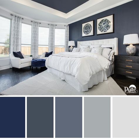 This bedroom design has the right idea. The rich blue color palette and decor create a dreamy space that begs you to kick back and relax. | Pulte Homes Guest Bedroom Colors, Diy Daybed, Pulte Homes, Living Room Color Schemes, Room Color Schemes, Bedroom Color Schemes, Trendy Bedroom, Couple Bedroom, Gray Bedroom