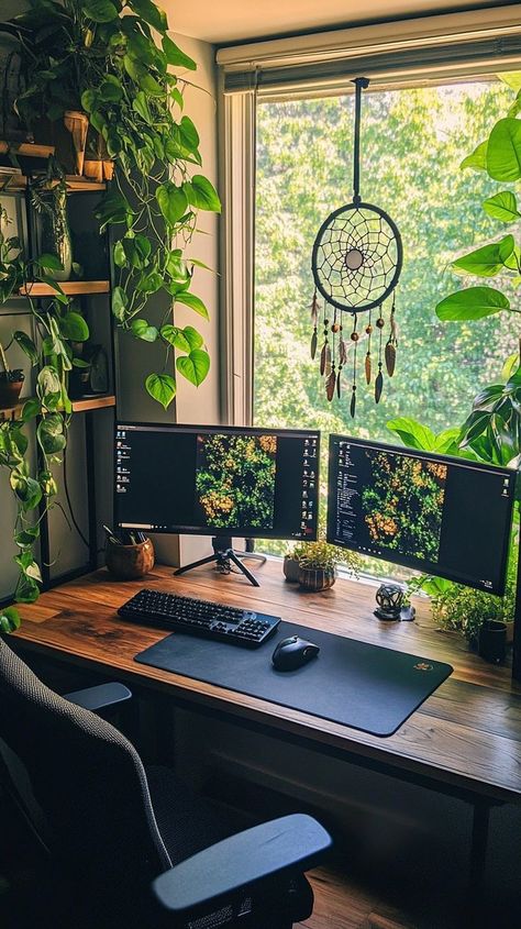 Tranquil home office setup with wooden desk, dual monitors, ergonomic chair, and greenery Vintage Desk Setup, Multiple Monitor Setup, Productive Home Office, Office Plants Desk, Cozy Gamer, Stylish Home Office, Plant Inspiration, Wall Trellis, Desk Plants