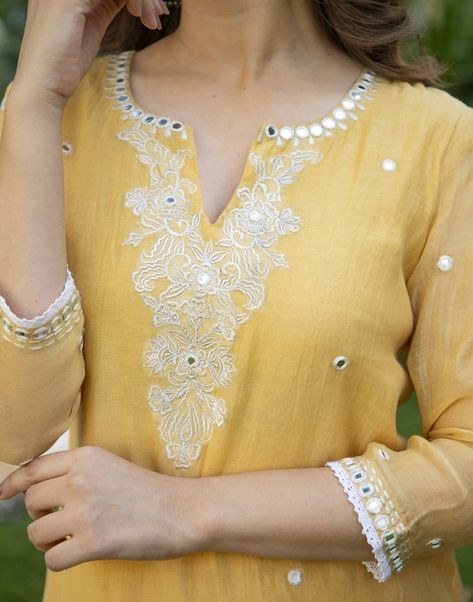 Yellow Chanderi Mirror Work Kurta #finechanderi #yellow #kurti #mirrorworkkurthi #kurthi Mirror Work Kurti Design, Mirror Work Kurta, Mirror Work Kurti, Mirror Work Dress, Kurta Skirt, Yellow Kurti, Haldi Outfits, Ethnic Wear Indian, Chanderi Dupatta