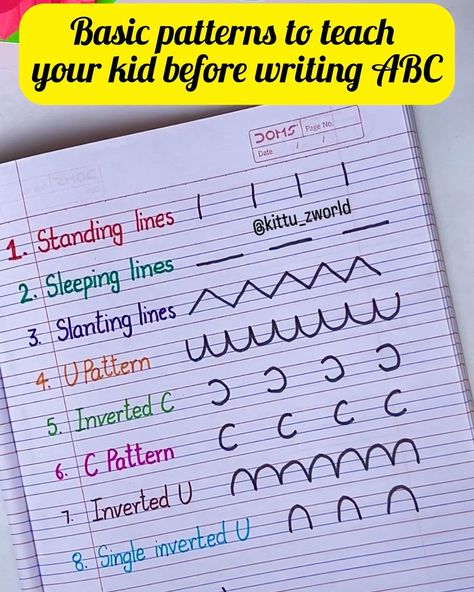 💁🏻‍♀️Basic Patterns To Teach Your Kid Before Writing ABC Very useful & Mandatory patterns 👍 ✍️early writing skills in toddlers 🤩| Nurturing early writing skills in toddlers is a journey filled with growth and discovery . Here’s how we can help: 1️⃣. Start small: Begin with simple activities like scribbling and drawing to develop fine motor skills and creativity. 2️⃣Provide tools: offer markers,crayons and pencils to encourage exploration and experimentation with writing tools. 3️⃣Practi... Pattern Writing For Preschoolers, Scribbling Activity, Basic Patterns Drawing, Writing Practice For Kids, Alphabet Activities Kindergarten, Teaching Handwriting, Improve Writing Skills, Primary Writing, Activities Kindergarten