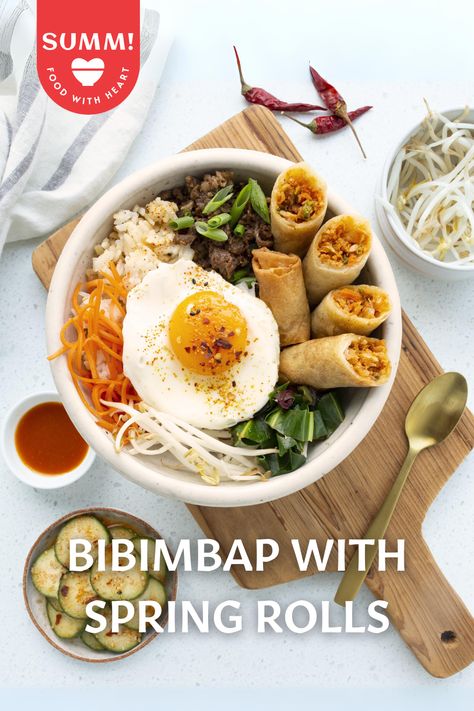 Make a SUMM! inspired Bibimbap served with our flavourful Beef Bulgogi Spring Rolls. This vibrant fusion of colors and tastes will captivate your senses, showcasing a harmonious blend of savory marinated meats, fresh crisp vegetables, and perfectly seasoned rice. Try this quick and easy meal now! Bulgogi Beef, Seasoned Rice, Bulgogi, Spring Rolls, Rolls, Easy Meals, Rice, Meat