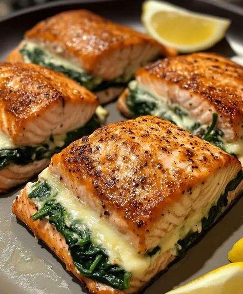 Blackened Salmon Stuffed with Spinach and Parmesan Cheese | Homemade Recipes Salmon Stuffed With Spinach, Salmon Stuffed, Recipes With Parmesan Cheese, Gordon Ramsay Recipe, Blackened Salmon, Salmon Dishes, Fish Dinner, Girl Dinner, Spinach And Cheese