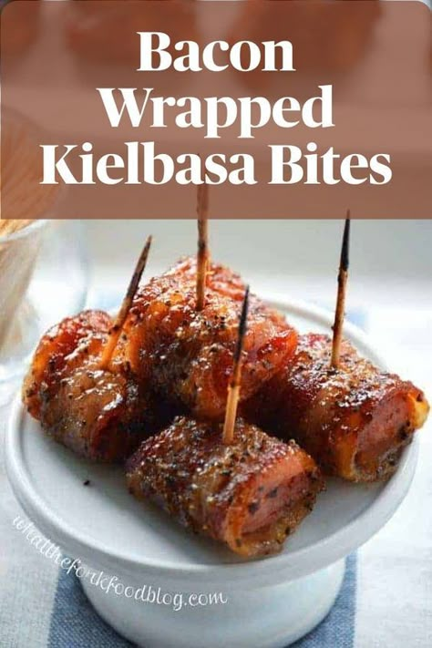 gluten-free wrapped kielbasa bites on tray Kielbasa Bites Recipe, Bacon Wrapped Kielbasa Bites, Football Season Snacks, Bacon Wrapped Kielbasa, Meaty Appetizers, Kielbasa Bites, Bacon Wrapped Sausages, What The Fork, Bacon Wrapped Jalapeno Poppers