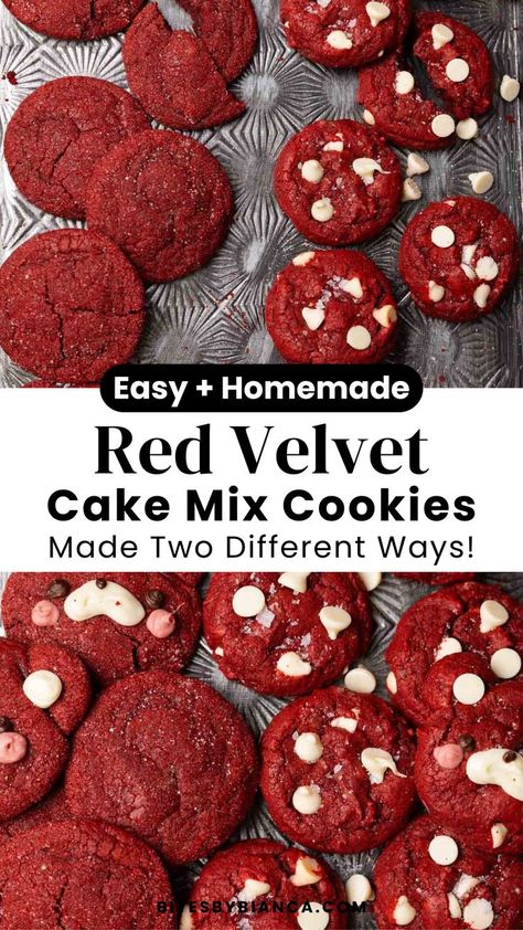 Try this easy red velvet cookie recipe using cake mix, made two delicious ways! First, red velvet sugar cookies shaped into adorable bears, and second, white chocolate red velvet cookies with a sprinkle of flaky sea salt. If you're a fan of red velvet desserts, this recipe is a must-try. Just grab your favorite red velvet cake mix and a few simple ingredients like white chocolate chips to make these irresistible cookies. Perfect for a quick, fun, and tasty treat! Gourmet cookies recipes. Gourmet Holiday Desserts, Simple Red Velvet Cake, Red Velvet Sugar Cookies, Velvet Sugar Cookies, Homemade Red Velvet Cake, Red Velvet Cake Mix Cookies, Red Velvet Cookie Recipe, Easy Red Velvet, Recipes Using Cake Mix