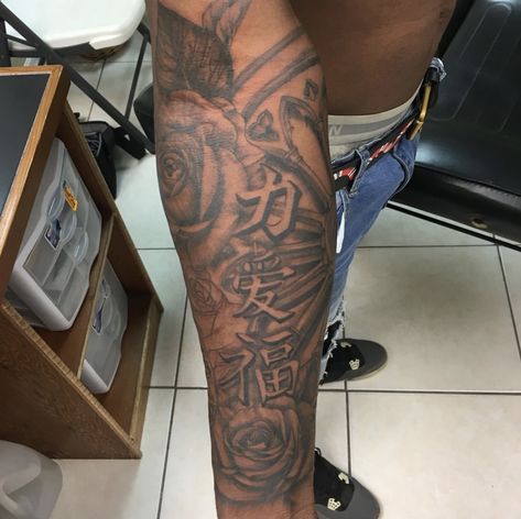 Kai Cenat Tattoo, Tattoos To Fill In Sleeve Gaps, Back Forearm Tattoo Men, Courage Tattoo, Star Sleeve Tattoo, Back Of Forearm Tattoo, Courage Tattoos, Calf Tattoo Men, Arm Tattoos Black