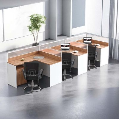 This multi-person desk is the ideal solution for transforming unused space into a productive work environment(Chair not included) | LINK NORTH L-Shaped 3 Person Partition Desk in Brown | 43.31 H x 165.35 W x 47.24 D in | Wayfair Office Chair Accessories, Desk Brown, Workspace Desk, Office Furniture Sets, Small Space Office, Home Office Furniture Sets, Grey Desk, Office Layout, L Shaped Desk