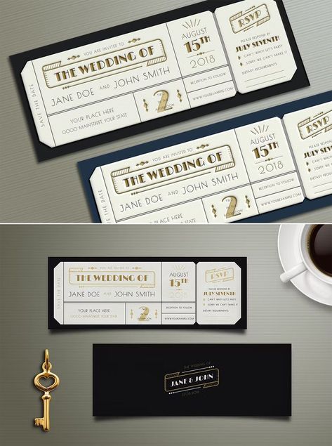 Art Deco Wedding Invitation Ticket Template AI, PSD Wedding Invitations Vintage Elegant, Art Deco Wedding Invitation, Original Wedding Invitations, Ticket Wedding Invitations, Deco Wedding Invitations, Art Deco Invitations, Art Deco Wedding Invitations, Free Wedding Invitations, Ticket Design