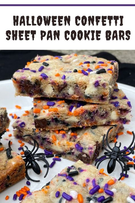 Stack of Halloween confetti cookie bars. Sheet Pan Cookie Bars, Halloween Dessert Bars, Halloween Chocolate Chip Cookies, Easy Halloween Cookies, Halloween Confetti, Confetti Cookies, Holiday Cookie Exchange, Fun Halloween Food, Fall Desserts Easy