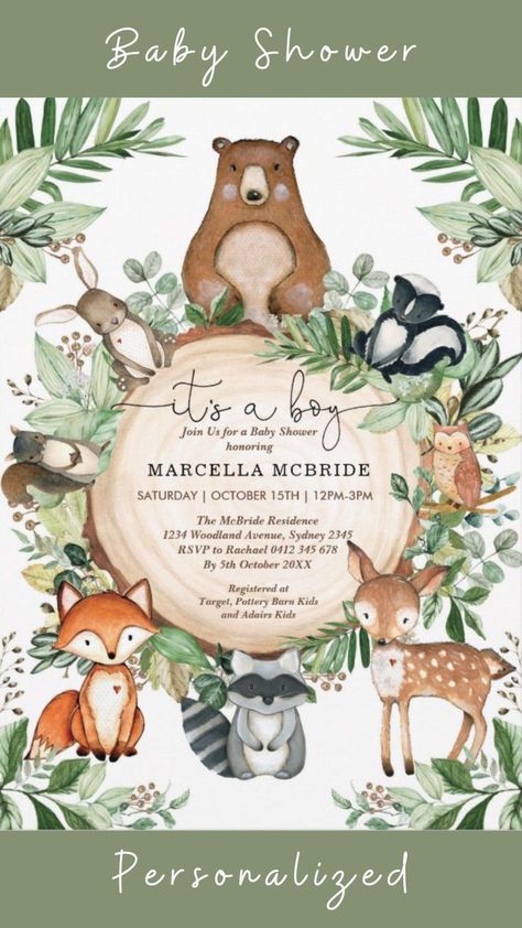 Cute Woodland Animals Rustic Greenery Baby Shower Invitation Forest Friends Birthday Party, 1st Birthday Party Favors, Virtual Baby Shower Invitation, Animal Birthday Invitation, Monogram Baby Blanket, Boy Baby Shower Ideas, Monogram Baby, Baby Shower Woodland Theme, Woodland Baby Shower Invitations