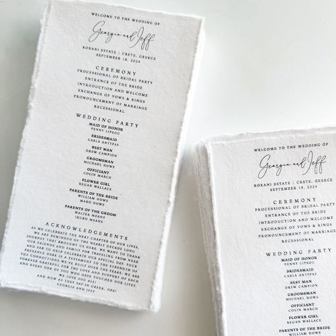 A minimalist wedding program 🤍 The delicate texture of the handmade paper adds an organic and artisanal touch, creating a beautiful contrast with the contemporary design making the programs feel both timeless and unique. Since this is one of my most popular wedding program designs, I’ve made this available for quick purchase on my website! Head to the website and find it under the day-of stationery wedding section! #weddingprograms #handmadepaper #weddingstationery #dayofstationery #wedding... Wedding Programs Ideas, Wedding Program Design, Modern Wedding Program, Party Entrance, Event Program, Program Ideas, Wedding Program, Popular Wedding, Wedding Stationary