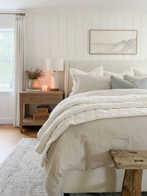 How to Get That Fluffy Bed Look - Sherri Calnan Coastal Modern Primary Bedroom, Beach Neutral Bedroom, Studio Mcgee Coastal Bedroom, Bedroom Coastal Granddaughter, Sage Blue Bedroom, Warm Coastal Bedroom, Shiplap Master Bed, Vertical Shiplap Wall Bedroom, Shiplap In Bedroom