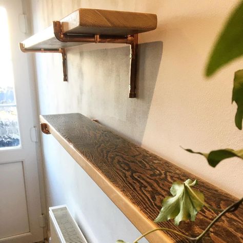 David Moore Designs on Instagram: “I made some beautifully simple shelves from some reclaimed pitch pine timber and used feature copper pipe shelf brackets. #bath…” Copper Shelf Brackets, Copper Pipe Shelves, Copper Shelf, Simple Shelves, Pipe Shelf Brackets, Pitch Pine, Pipe Shelf, Decorative Shelf, Pine Timber