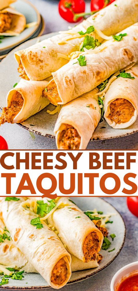 Baked Cheesy Beef Taquitos - Averie Cooks Summer Ground Beef Recipes Easy Dinners, Taco Taquitos, Summer Ground Beef Recipes, Beef Taquitos, Taquitos Beef, Taquitos Recipe, Averie Cooks, Ground Beef Tacos, Cheap Healthy