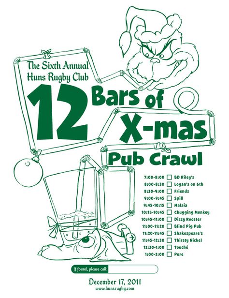 The Manly Art Blog: Huns 12 Bars of X-mas Pub Crawl Tee 2011 Pub Crawl Ideas, Bachelorette Pub Crawl Ideas, Bar Crawl Fundraiser, Bar Crawl Shirts, Manly Art, Pub Crawl Poster, Greek Designs, Holiday Bar, Bar Crawl