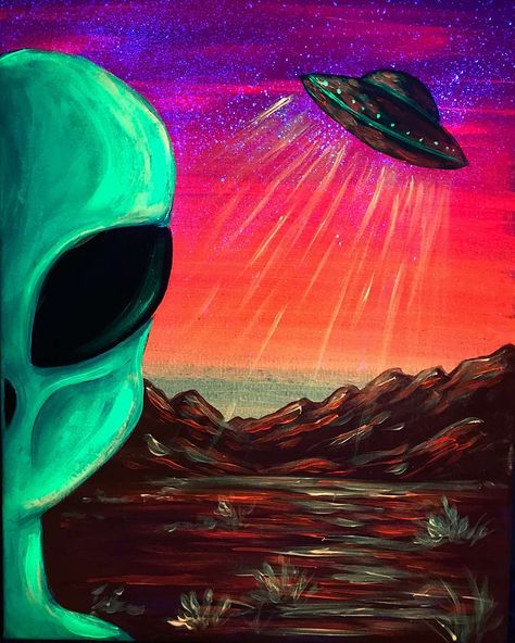 You'll feel like you're raiding Area 51 with this interstellar black light Alien painting!

Costumes encouraged! Dress the part to celebrate the occasion! Prizes. 

Paint across two canvases for a date night! Alien Ship Painting, Alien Art Painting, Aliens Painting, Cool Alien Drawings, Ufo Painting Easy, Alien Canvas Painting, Alien Watercolor, Spaceship Painting, Space Canvas Painting