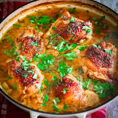 Hearty braised chicken thighs in a Dutch Oven, with veggies, broth and herbs. The chicken falls off the bone and it's super delicious. We love serving this dish over rice or over potatoes. It's a great meal! Dutch Oven Recipes Dinners Chicken, Dutch Oven Chicken Thighs, Dinners For Busy Nights, Comfort Food Dinners, Dutch Oven Chicken, Albanian Recipes, Braised Chicken Thighs, Spring Dishes, Fall Meals