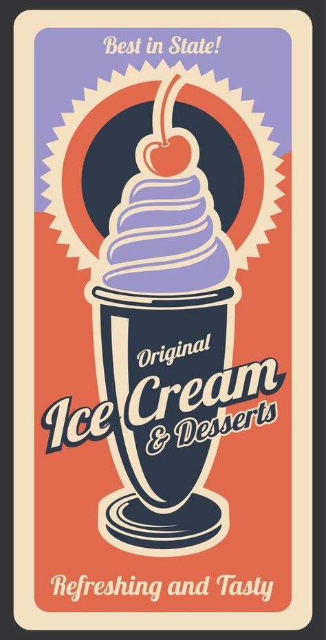 Ice cream dessert, retro vector poster Ice Cream Vintage, Whipped Cream Desserts, Ice Cream Sign, Ice Cream Logo, Cherry Topping, Ice Cream Illustration, Retro Desserts, Ice Cream Poster, Ice Cream Packaging