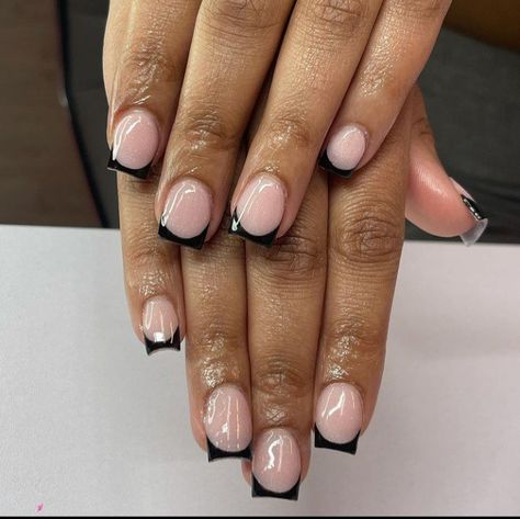 Black French Tip Overlay, Extra Short Black French Tip Nails, Black Shirt French Tip Nails, Short Square Acrylic Nails Black Tips, Shirt Black French Tip Nails, Black Shirt French Tip, Small Black French Tip Nails, Black Nail Tips French Manicures, Short Nails Black French Tip