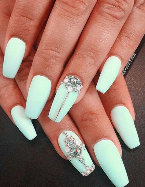 50 Rhinestone Nail Art Ideas | Cuded Diamond Nail Art Design, Mint Green Nails, Diamond Nail Art, Green Nail Art, Short Gel Nails, Her Nails, Blue Nail, Nail Art Rhinestones, Diamond Nails