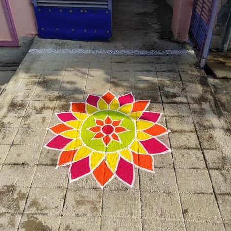 Kolam Designs Colourful, Colour Kolam Rangoli Patterns, Rangoli Designs Colour, Colour Kolam Design, Ragoli Color Design Simple, Ragoli Color Simple, Rangoli Designs Aesthetic, Dots Rangoli With Colors, Basic Rangoli Designs