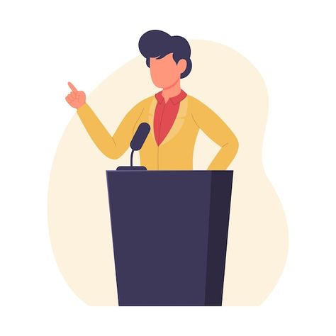 Businessman giving a talk on the podium | Premium Vector #Freepik #vector #orator #politician #debate #public-speech Debate Aesthetics, Politician Aesthetic, Public Speaking Aesthetic, Giving Speech, Pecha Kucha, Flora Frame, Communication Illustration, Public Speech, File Decoration Ideas