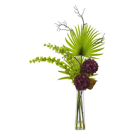 Nearly Natural Hydrangea Bells Of Ireland and Palm Frond Arrangement - 1435-PP Bells Of Ireland, Purple Hydrangea, Leaf Vase, Hydrangea Arrangements, Artificial Floral Arrangements, Clear Vase, Hydrangea Not Blooming, Hydrangea Purple, Modern Flower Arrangements