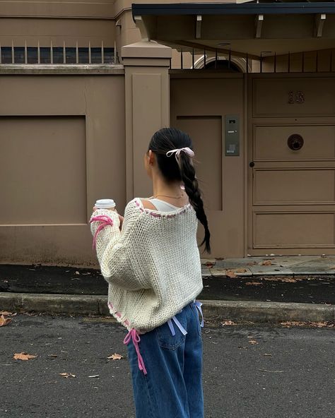 Sweater weather 🎀 @katrinakchan styles our Bea Cream Sweater with our Sassy Stitches Straight Leg Bow Jeans⁠ ⁠ Brown Sweater Jeans Outfit, Bow Sweater Outfit, Cream Sweater Outfits, Cream Sweater Outfit, Cutesy Outfits, Sweater And Jeans Outfit, Cutesy Outfit, Bow Jeans, Bow Sweater