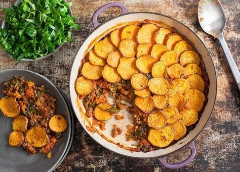 Lentil And Sweet Potato Recipes, Sweet Potato Recipes Baby, Lentil Bake, Toasted Coconut Chips, World Vegan Day, Potato Bake, Meat Alternatives, Processed Meat, Sweet Potato Recipes