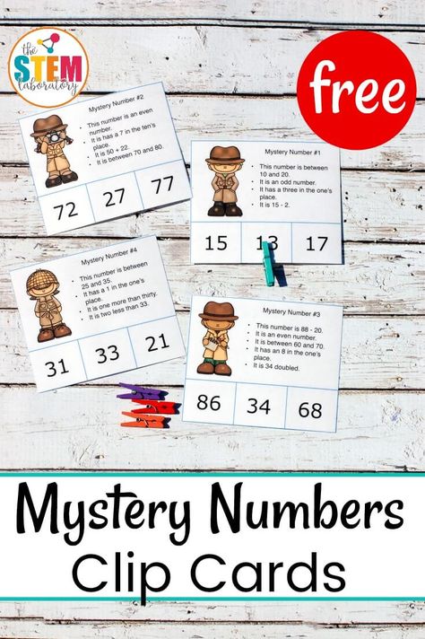 Mystery Number Clip Cards - The Stem Laboratory Place Value Addition, Math Place Value Games, Even And Odd Games, Place Value Small Group Activities, Adding And Subtracting Using Place Value, Place Value Math Games 2nd Grade, Number Clip Cards, 2nd Grade Math Games, Easy Math Games