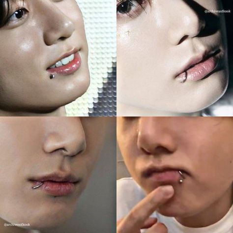 Jungkook Lip Ring, Jungkook's Lips, Jungkook Lip Piercing, Bts Ages, Lip Piercing Ring, Mouth Piercings, Doe Eyes, Labret Piercing, Lip Ring