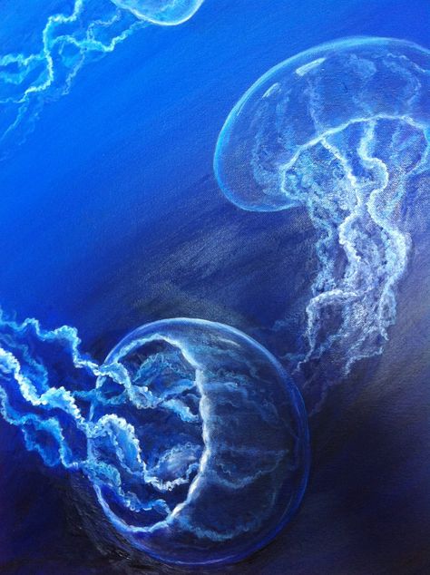 Moon Jellyfish Painting, Jelly Fish Painting Black Canvas, Jellyfish Oil Painting, How To Paint Jellyfish, Jellyfish Art Acrylic, Jelly Fish Painting Acrylic, Jellyfish Painting Easy, Jellyfish Painting Acrylic, Blue Art Painting