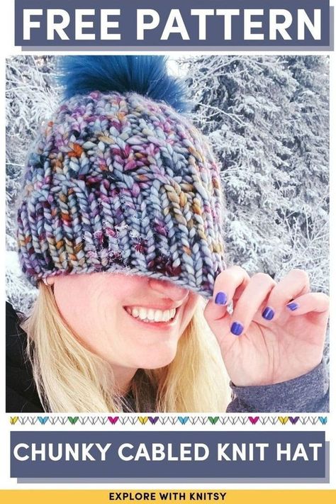 FREE SUPER BULKY KNIT HAT PATTERN for beginner knitters. This super bulky cabled hat is as quick as it is easy to knit using super bulky yarn such as Malabrigo Rasta. Simple pattern and a quick project - perfect for beginners to whip up. Top it off with a fun pom pom! Option to purchase the Sound Hat Pattern in ad-free pdf version. Super Bulky Yarn Patterns, Knitted Hat Patterns Free Women, Chunky Hat Pattern, Bulky Yarn Patterns, Cable Knit Hat Pattern, Cabled Hat Pattern, Beanie Pattern Free, Easy Knit Hat, Knit Hat Pattern