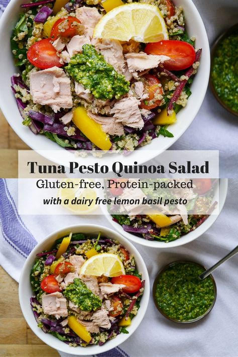 Tuna Pesto Quinoa Salad - recipe via nourisheveryday.com -A healthy lunch or easy dinner, this gluten free tuna pesto quinoa salad recipe packs a protein punch, has lots of crunchy veggies & is full of flavour! Green Buffet, Pesto Quinoa, Crunchy Veggies, Vegeterian Recipes, Quinoa Dishes, Quinoa Salad Recipe, Pesto Salad, Gluten Free Protein, Eating Light