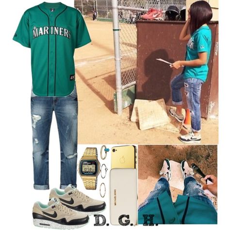 Mariners Baseball Game., created by dopegenhope on Polyvore Seattle Mariners Outfit Woman, Baseball Hat Outfit, Mariners Baseball, Game Outfit, 4th Of July Outfits, Baseball Game, Baseball Games, Seattle Mariners, Girl Swag