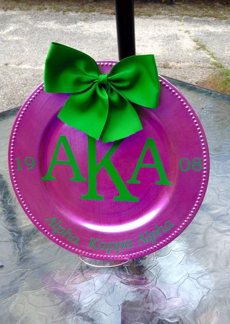 Alpha Kappa Alpha Sorority Charger plate (not for sale) Aka Door Hanger, Aka Welcome Sign, Aka Decorations, Aka Door Signs, Aka Sorority Mirror, Aka Wine Glasses, Alpha Gifts, Alpha Kappa Alpha Crafts, Alpha Kappa Alpha Shirt