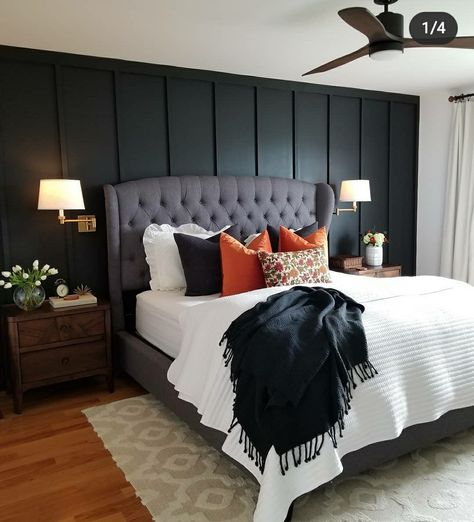 Dark Grey Headboard Bedroom, Dark Grey Headboard Bedroom Ideas, Dark Grey Headboard, Black Accent Wall Bedroom, Grey Headboard Bedroom Ideas, Grey Headboard Bedroom, Black Accent Wall, Black Walls Bedroom, Gray Headboard