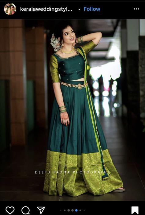 Reshmi Saree Blouse Design, Traditional Dhavani Set, Pattupavada Blouse Designs For Women, Kerala Traditional Engagement Dress, Dhawani Designs Kerala, Dhavani Half Saree Color Combos, Pattu Pavada Women, Traditional Half Saree Designs, Kerala Engagement Dress