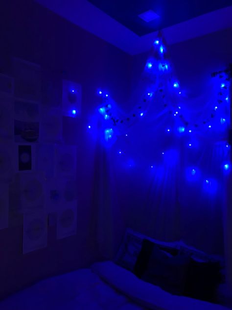 bedroom makeover w canopy, fairy lights, vines and wall decore Fairy Lights Boys Bedroom, Blue Fairy Lights Bedroom, Blue Fairy Lights, Neon Space, White Fairy Lights, Fairy Lights Bedroom, Room Ideas Aesthetic, Space Room, Blue Fairy