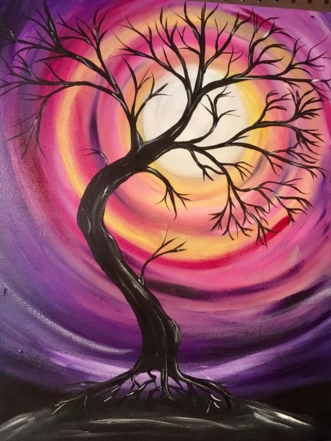 Trees Drawing Oil Pastel, Creative Oil Painting, Crooked Tree, Easy Landscape Paintings, Easy Flower Painting, Waterfall Paintings, Sunset Artwork, Sunrise Painting, Flower Canvas Art