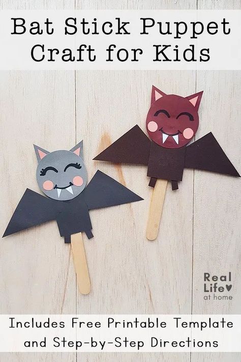 Here are directions and a free printable template for a bat stick puppet. Use this bat craft for storytelling, play, bookmarks, and more. Kids Bat, Free Printable Patterns, Stick Puppet, Bats For Kids, Halloween Craft Activities, Storytime Crafts, Bat Craft, Paper Bat, Puppets For Kids