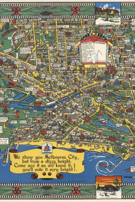 Discover the charm of yesteryears with our remarkable "Vintage Map Melbourne Australia 1934 Wonder Map" Poster. Step back in time and explore the captivating streets of Melbourne through this beautifully illustrated birds-eye view pictorial map. Immerse yourself in the city's rich history, as iconic landmarks and bustling streets come to life. Crafted with meticulous attention to detail, this poster is a true testament to Melbourne's centenary. Illustrated Birds, Melbourne Map, Pictorial Maps, Step Back, Birds Eye View, Iconic Landmarks, Vintage Map, Birds Eye, Melbourne Australia